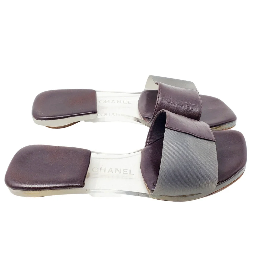 Chanel Sandals Brown Leather Flat Slides LOGO Clear Block PVC Mules EU 36.5